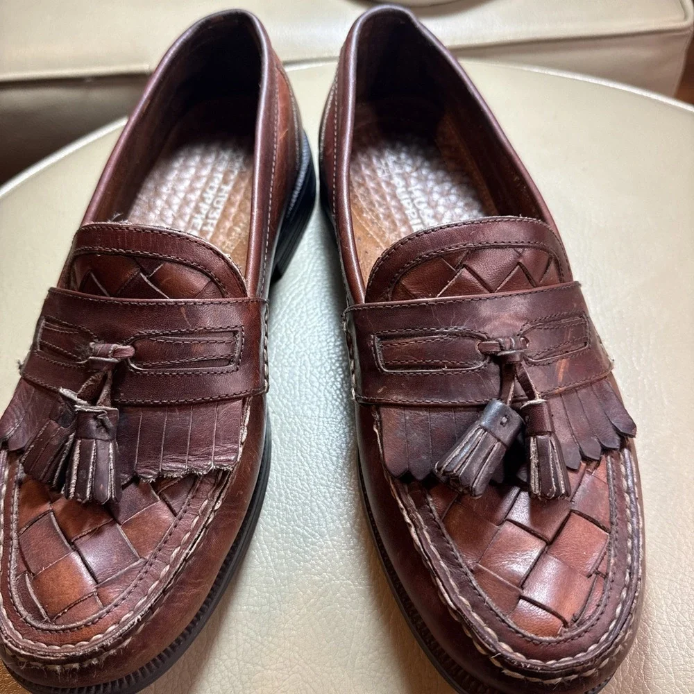Vintage 90s Brown Hush‎ Puppies Lancer Woven Leather Tassel Loafers 11